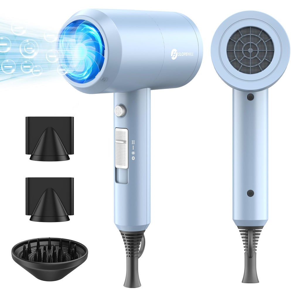 Slopehill professional ionic hair dryer front view in matte blue for fast, even drying