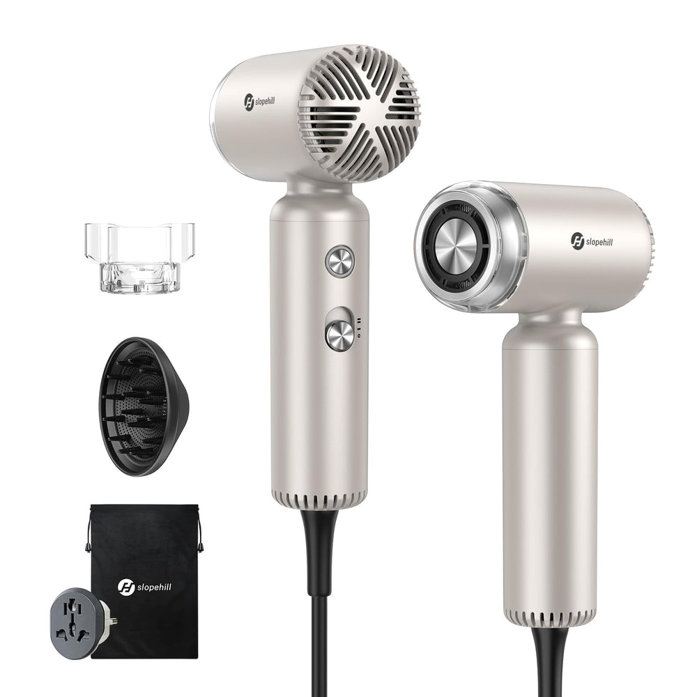 slopehill travel dual voltage hair dryer front view shows compact design for on-the-go styling