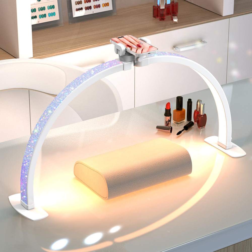 SLYFTE professional half-moon light 29in arch illuminates nail desk with shadow-free precision.