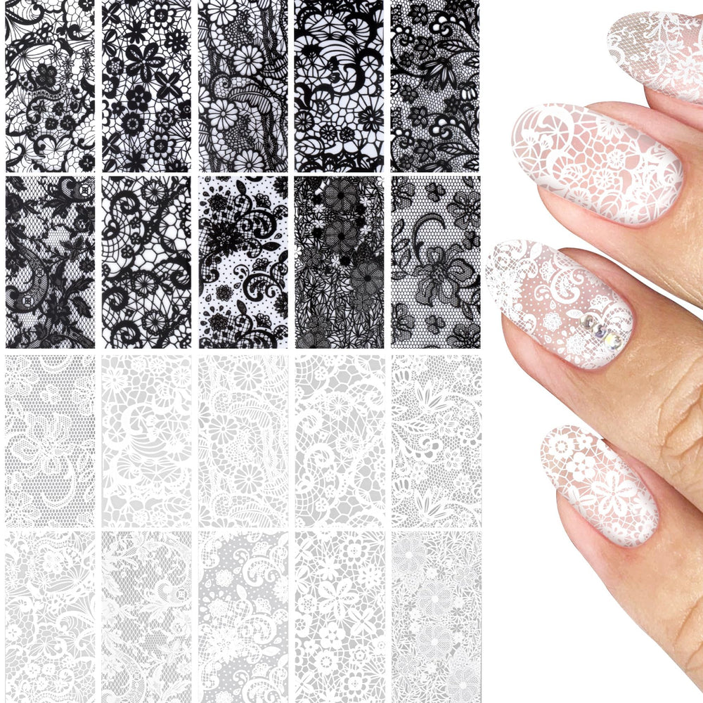 SmallCat hojas foil para uñas con encaje negro y blanco, acabado elegante.