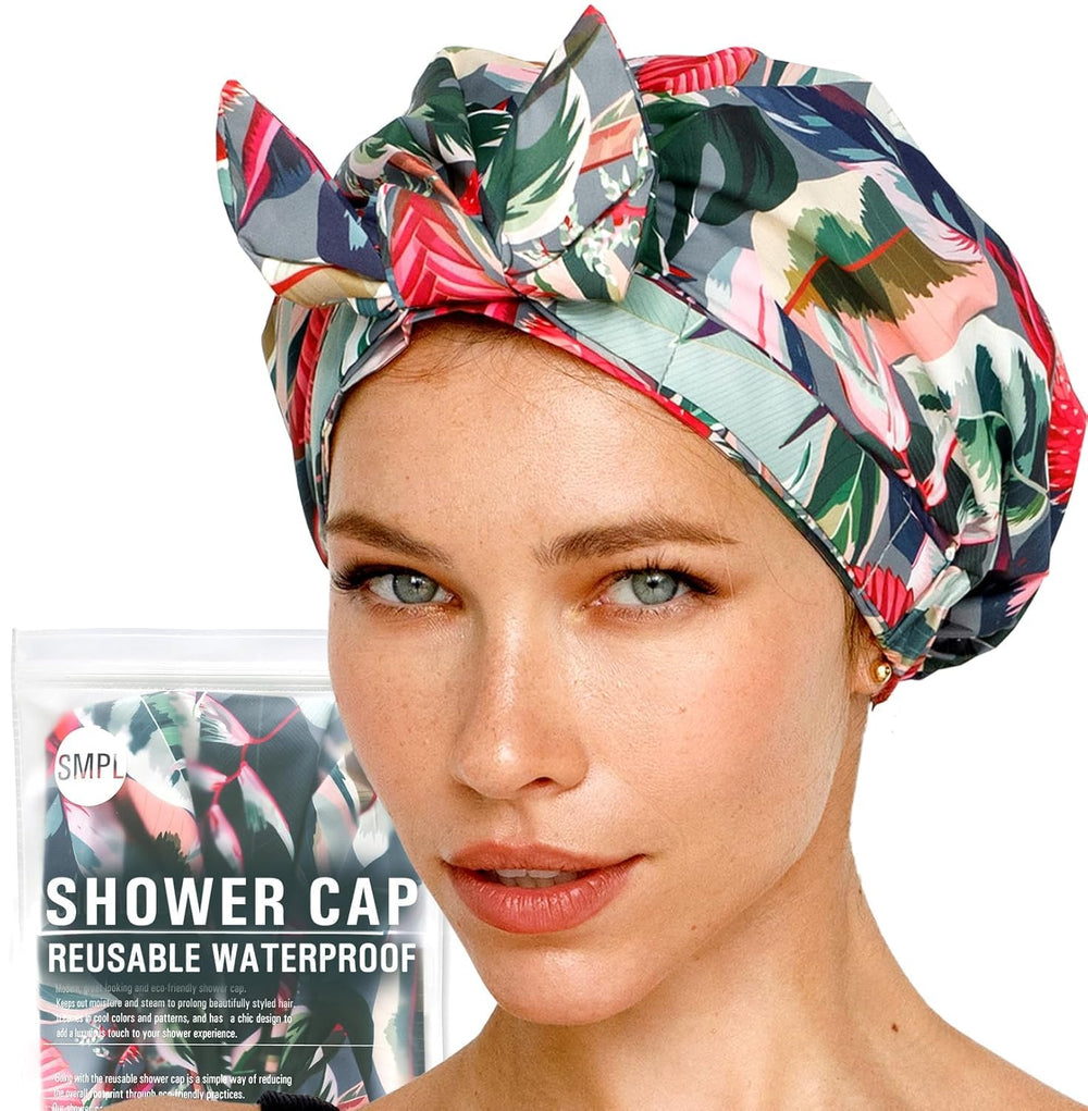 SMPL OBJECTS tropical-pattern shower cap protects hair with stylish print.