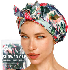 SMPL OBJECTS tropical-pattern shower cap protects hair with stylish print.
