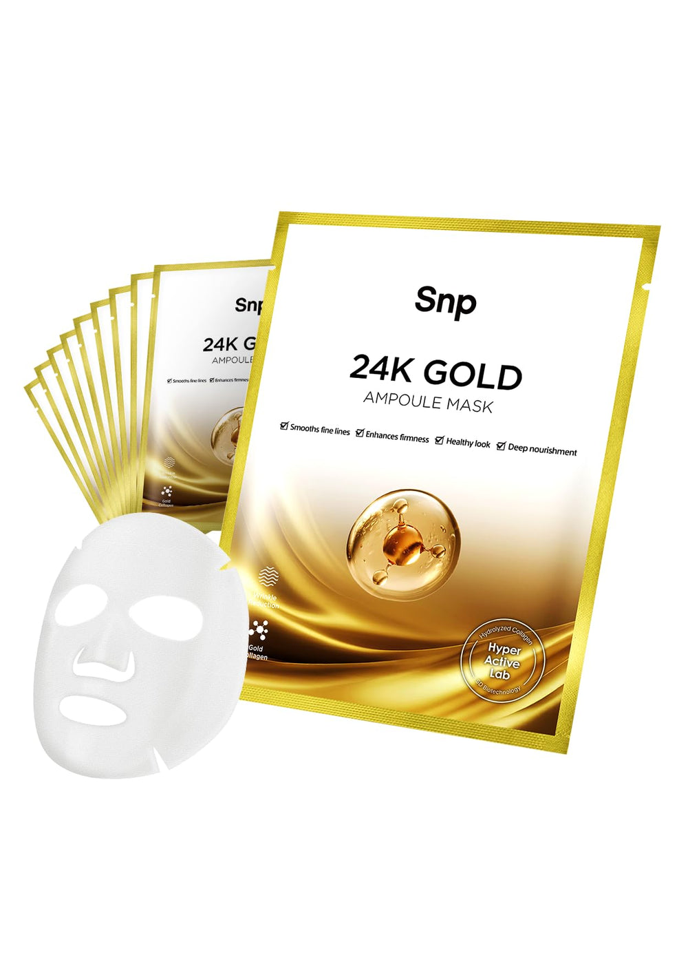 SNP 1000mg collagen 24K gold ampoule sheet mask packaging highlighting premium skincare nourishment.