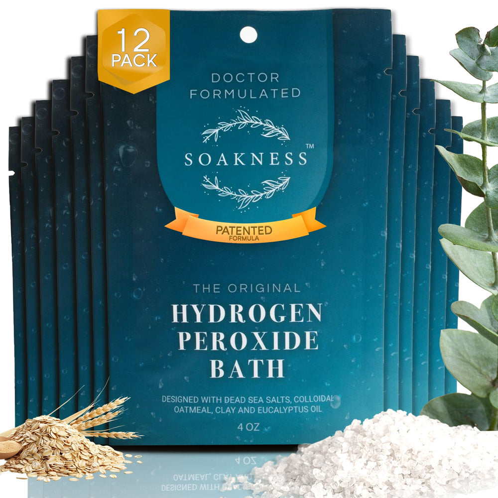 Soakness hydrogen peroxide bath bottle aids muscle relief during a refreshing soak.