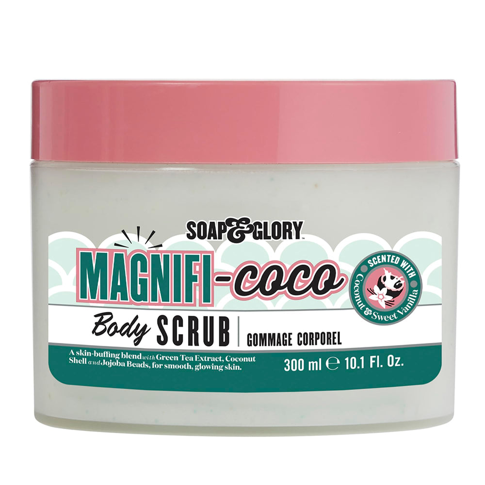 Soap & Glory Magnificoco Buff and Ready bottle front; tropical coconut scent for a refreshing shower.