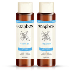 Soapbox Argan shampoo bottle highlights volumizing formula for smooth, frizz-controlled hair.