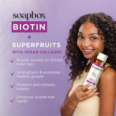 Soapbox Biotin & Superfruit Conditioner rinse reveals detangling ease and smooth strands.
