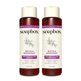 Soapbox Biotin & Superfruit Shampoo bottle showcases nourishing formula for thicker, softer hair in daily routine.