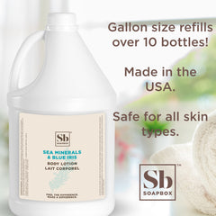 Soapbox body lotion blue-iris-pump highlights fresh aroma and fast absorption.