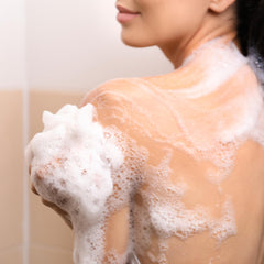 Soapbox Coconut Goji Bodywash label closeup featuring shea butter and hyaluronic acid.