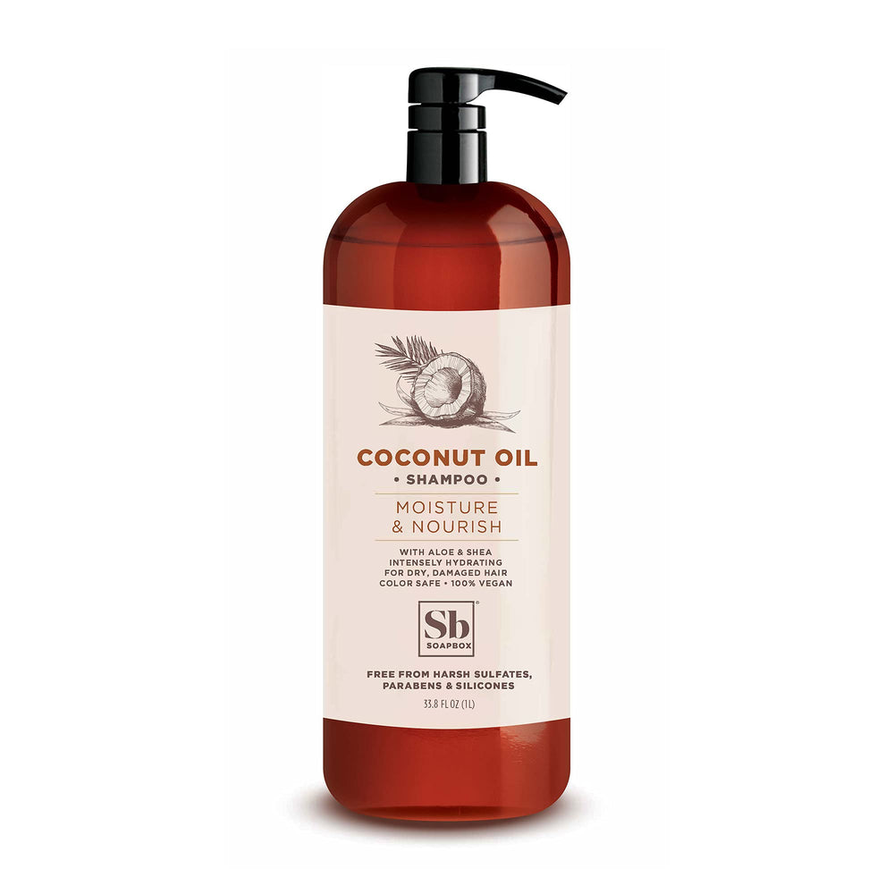 Soapbox Coconut Oil Shampoo bottle shows a hydrating, sulfate-free formula for all hair types.