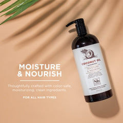 Soapbox Coconut Oil Shampoo bottle demonstrates luxurious lather for gentle cleansing.