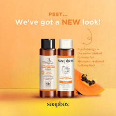 Soapbox Collagen Conditioner bottle demonstrates smoothing and detangling for dry, fine hair