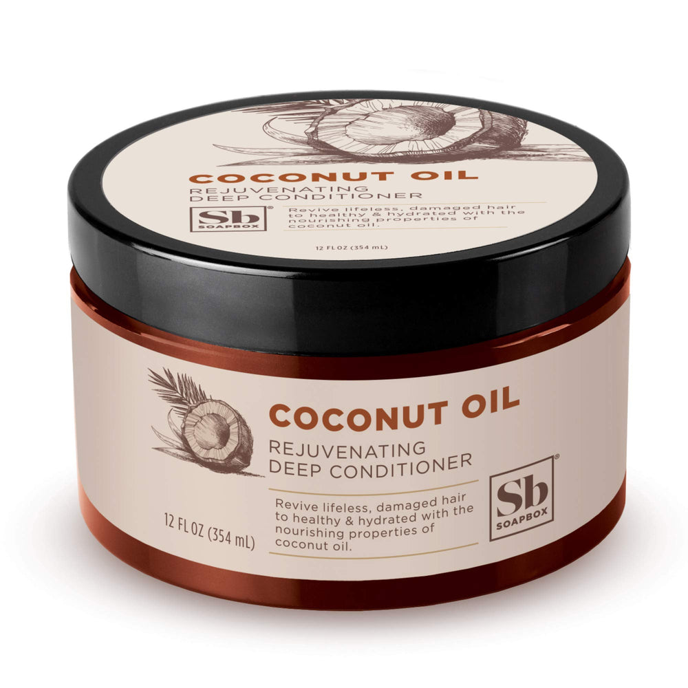 Soapbox Deep Conditioner coconut oil bottle shows hydrating treatment for dry hair.