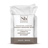 Soapbox fragrance-free makeup remover wipes pack shot for sensitive skin cleansing.