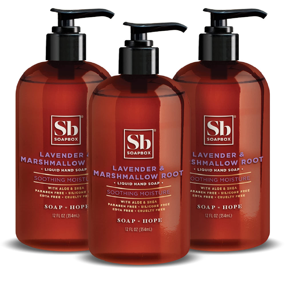 Soapbox lavender-marshmallow-hand-soap bottle pour showing rich lather and calming scent