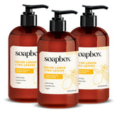 Soapbox Meyer Lemon Tea Leaves liquid hand soap in a pump bottle for daily cleansing.