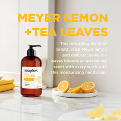 Soapbox lemon-tea leaves hand soap pump bottle with bright citrus aroma.