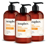 Soapbox Sweet Orange Citrus hand soap front view with pump for refreshing cleansing