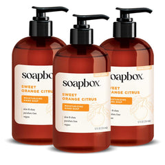 Soapbox Sweet Orange Citrus hand soap front view with pump for refreshing cleansing