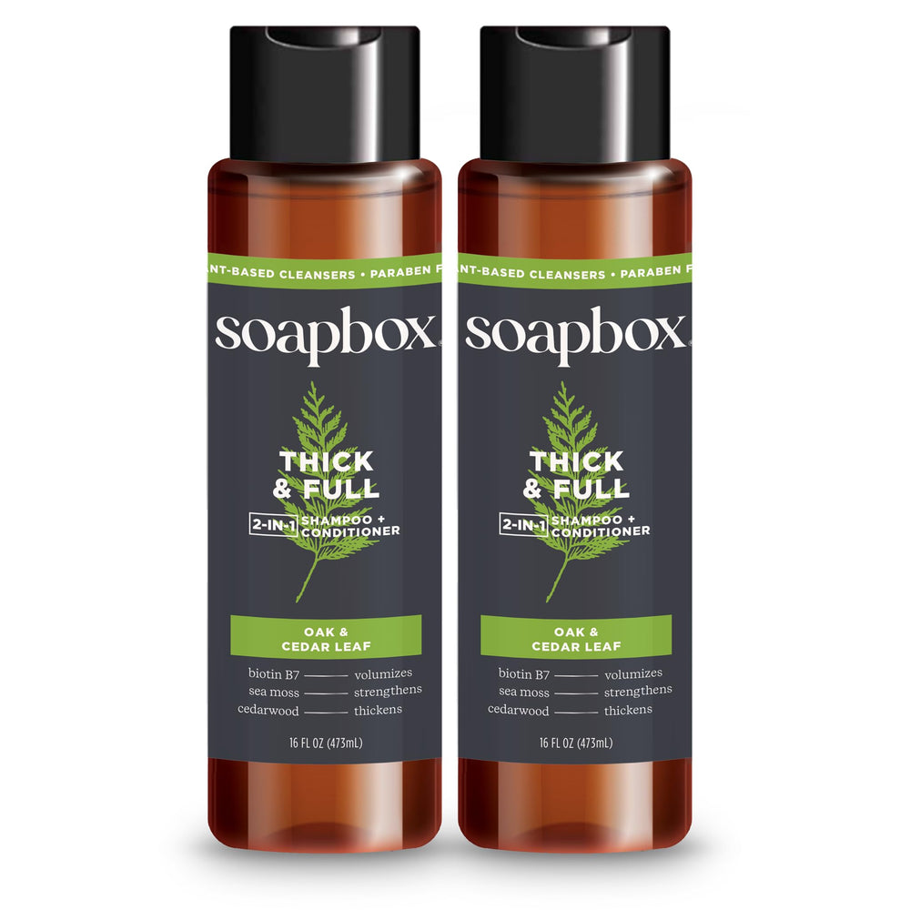 Soapbox Men's Thick & Full 2-in-1 shampoo bottle front highlights cedar scent and fuller look.