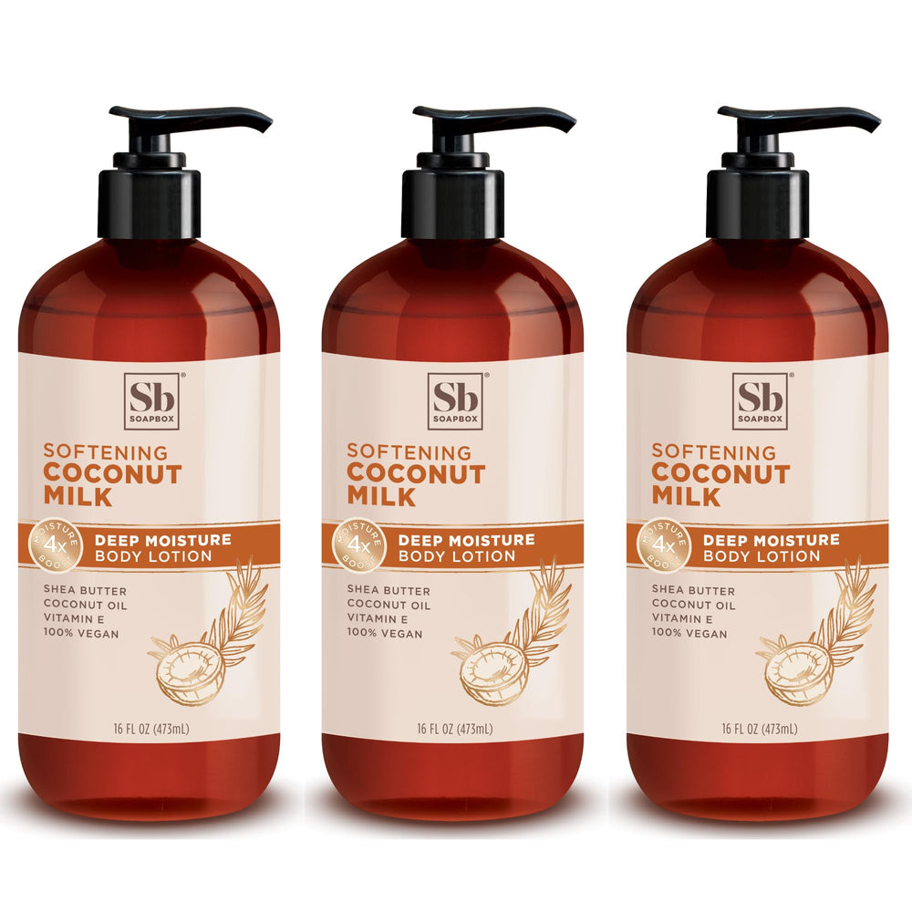 Soapbox moisturizing body lotion coconut milk bottle delivers creamy hydration for dry skin.
