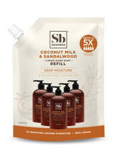 Soapbox liquid hand soap refill bottle shows coconut-milk-sandalwood aroma and moisturizing lather