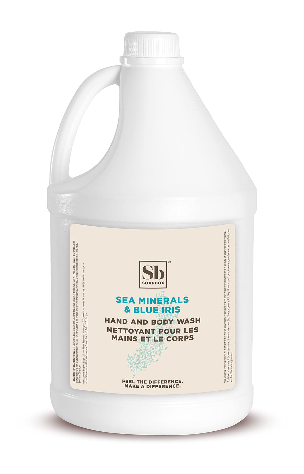 Soapbox Sea Minerals Blue Iris bottle with ocean scent and moisturizing formula for daily hand and body cleansing.