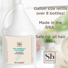 Soapbox Sea Minerals Blue Iris shampoo label indicates vegan, color-safe formula at a glance.