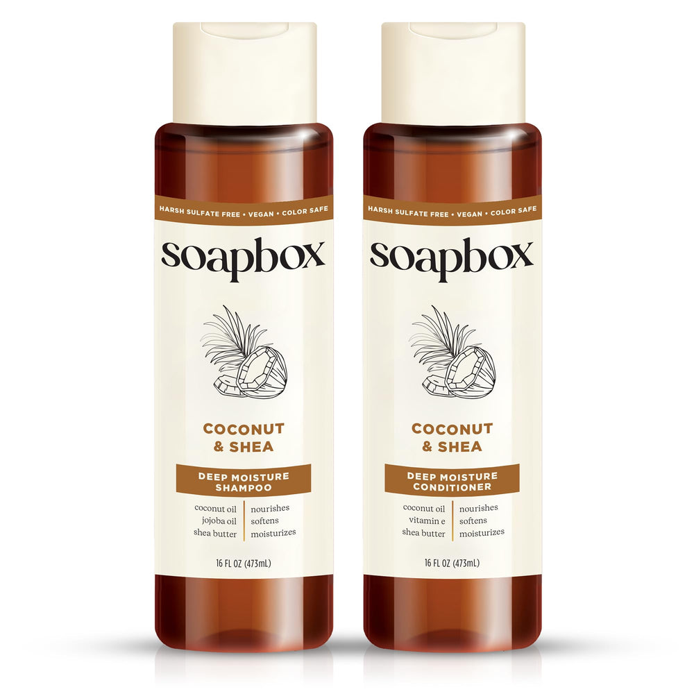 Soapbox shampoo bottle close-up highlighting coconut oil for hydrated hair.