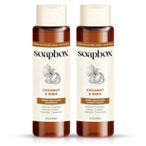 Soapbox shampoo bottle close-up highlighting coconut oil for hydrated hair.