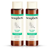 Soapbox Tea Tree Shampoo bottle shows refreshing cleanse for a purified scalp.