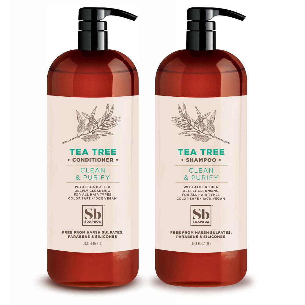 Soapbox Tea Tree Shampoo bottle highlighting scalp balancing with tea tree oil for a refreshed feel