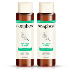 Soapbox Tea Tree Shampoo bottle shows refreshing cleanse for a purified scalp.