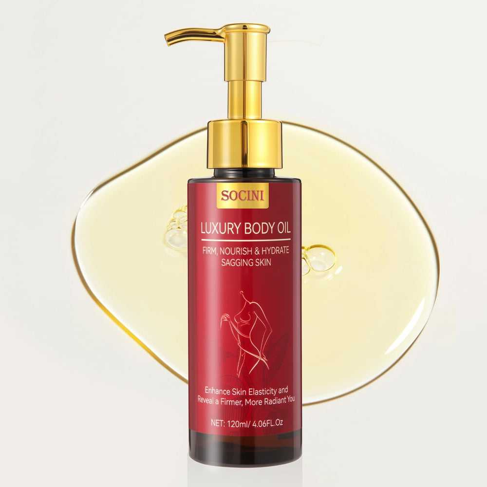 SOCINI body firming oil bottle pump showing easy, mess-free application for daily use