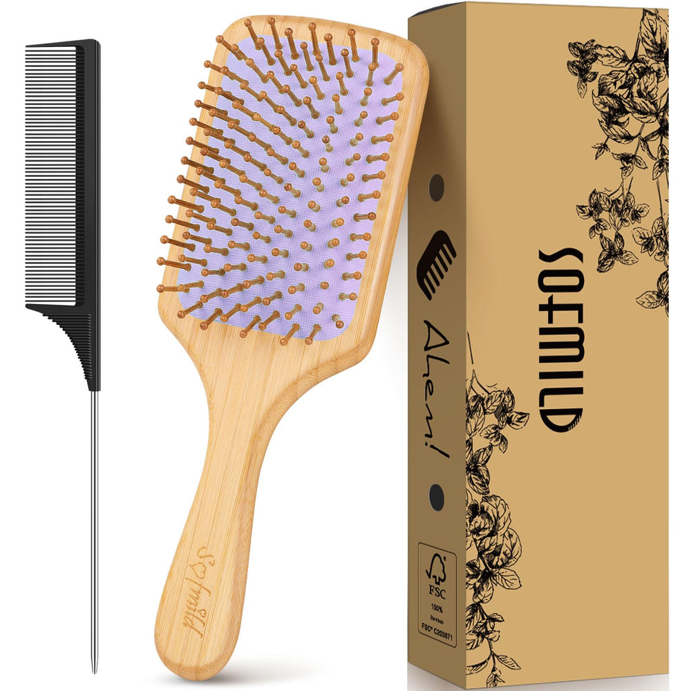 Sofmild bamboo paddle hair brush handle close-up for easy detangling