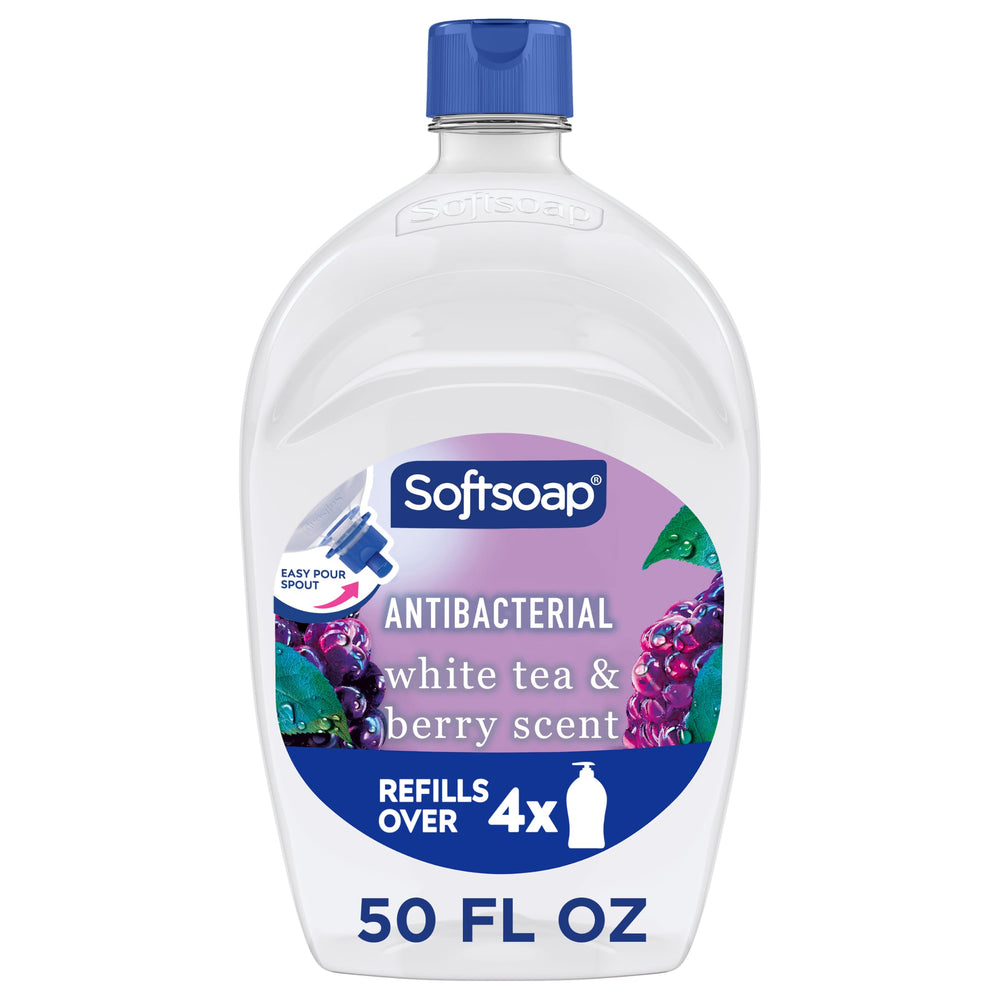 Softsoap front label showing white tea and berry scent and refill size benefit