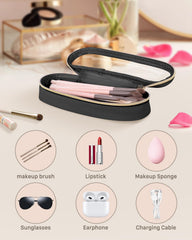 Soimeat leather makeup brush toiletry bag exterior is black, sturdy and anti-scratch for long trips.