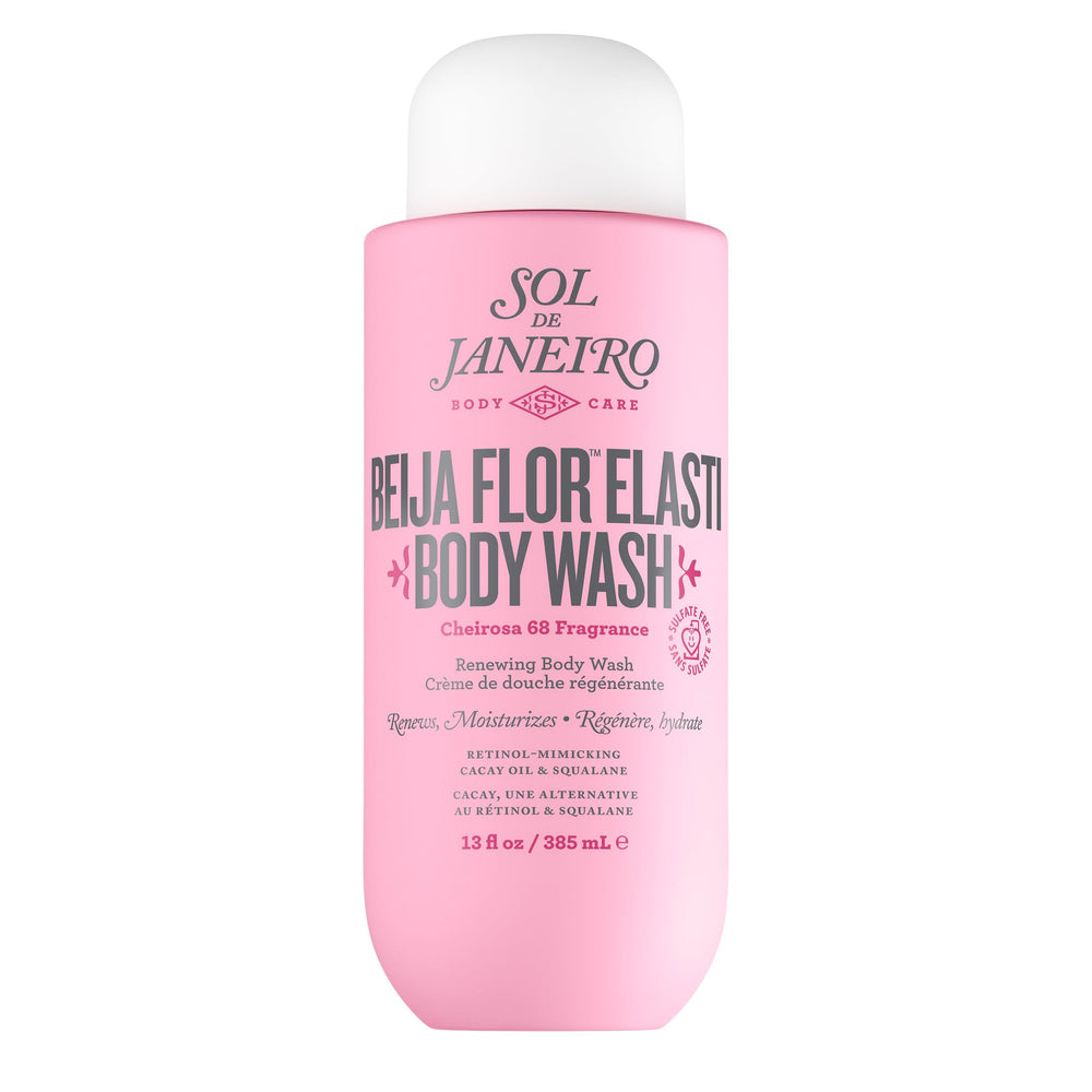 Sol de Janeiro Beija Flor body wash bottle front highlights replenishing moisture for smooth skin
