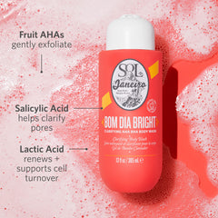Bom Dia Bright lather closeup highlights fruit AHAs for smoother-looking skin.
