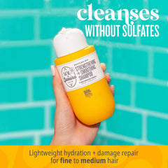 Sol de Janeiro Joia shampoo foamy lather image showcases cleansing with damage repair potential.