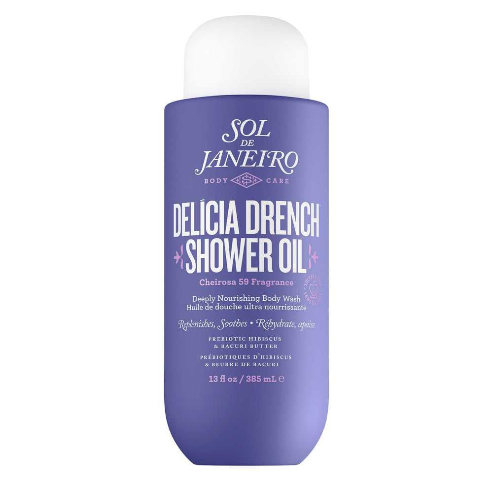 Sol de Janeiro Delicia Drench Shower Oil bottle showcases nourishing formula for silky skin.