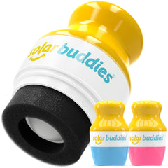 Solar Buddies blue and pink duo front view showcasing travel-friendly sunscreen applicator for quick reapplication on the go.