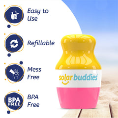 Solar Buddies travel-size compact shown for on-the-go sunscreen application.