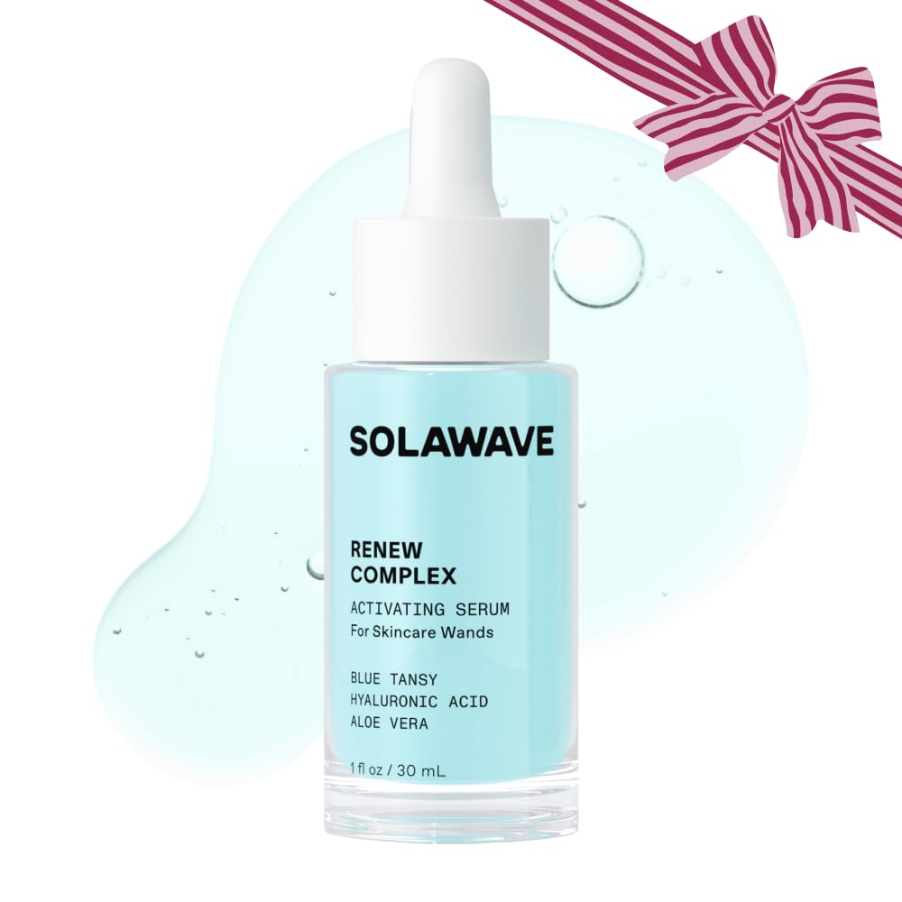 Solawave Renew Complex serum bottle ready for hydrating skincare routine.