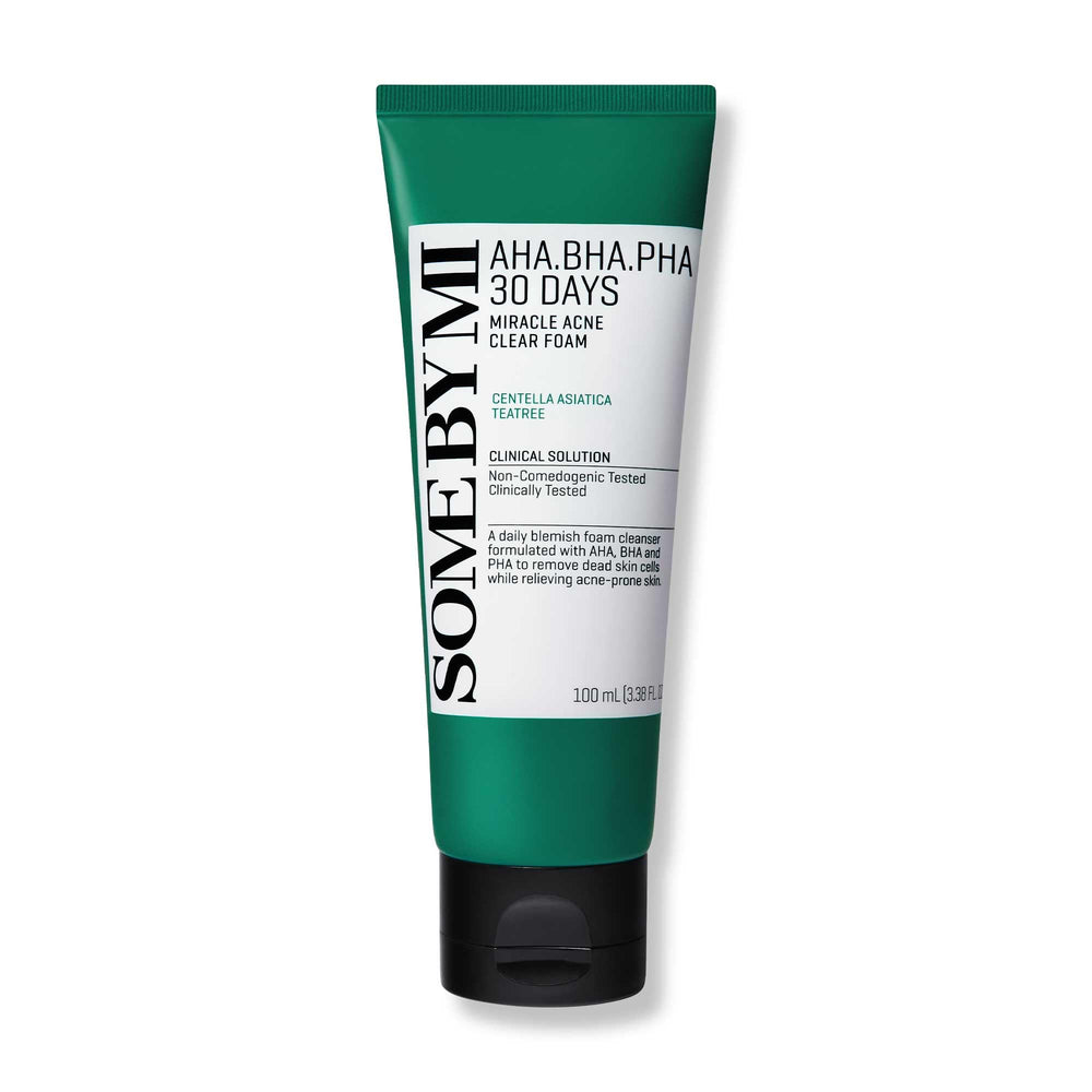 Some By Mi AHA BHA PHA 30 Days Miracle Acne Clear Foam jar cleanses for smoother skin.
