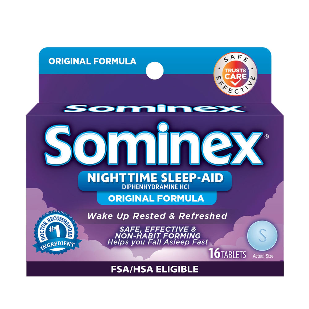 Sominex Original Formula 16-tablet packshot promoting restful sleep.