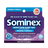 Sominex Original Formula 16-tablet packshot promoting restful sleep.