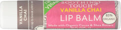 Soothing Touch lip balm vegan vanilla chai 3-pack on display for easy selection