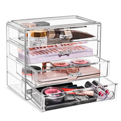 Sorbus acrylic makeup organizer with four wide drawers for easy cosmetics access.